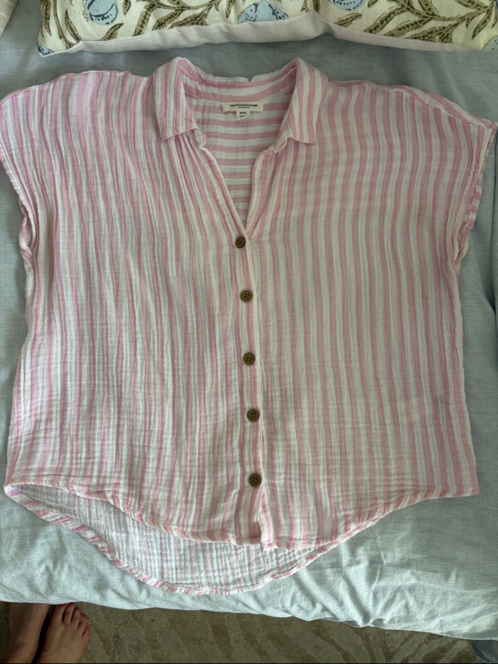 beachlunchlounge Pink and White Striped Button-Down Top